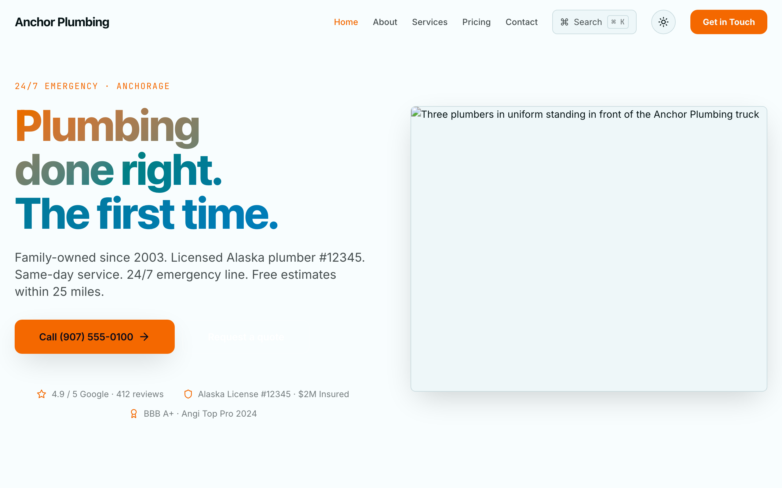 Homepage screenshot of Anchor Plumbing