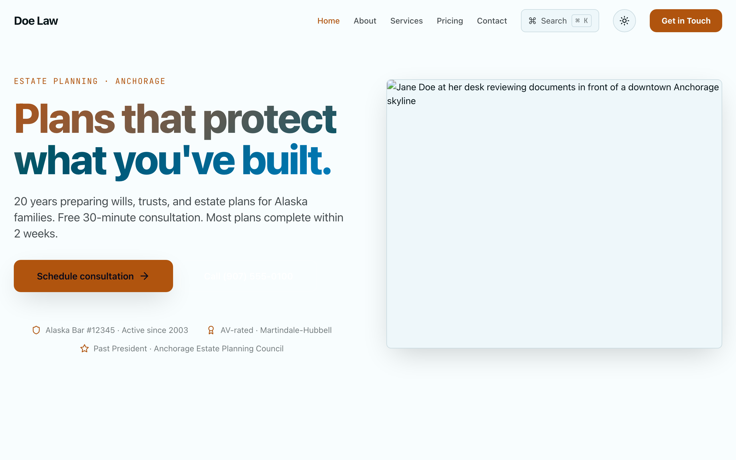 Homepage screenshot of Doe Law